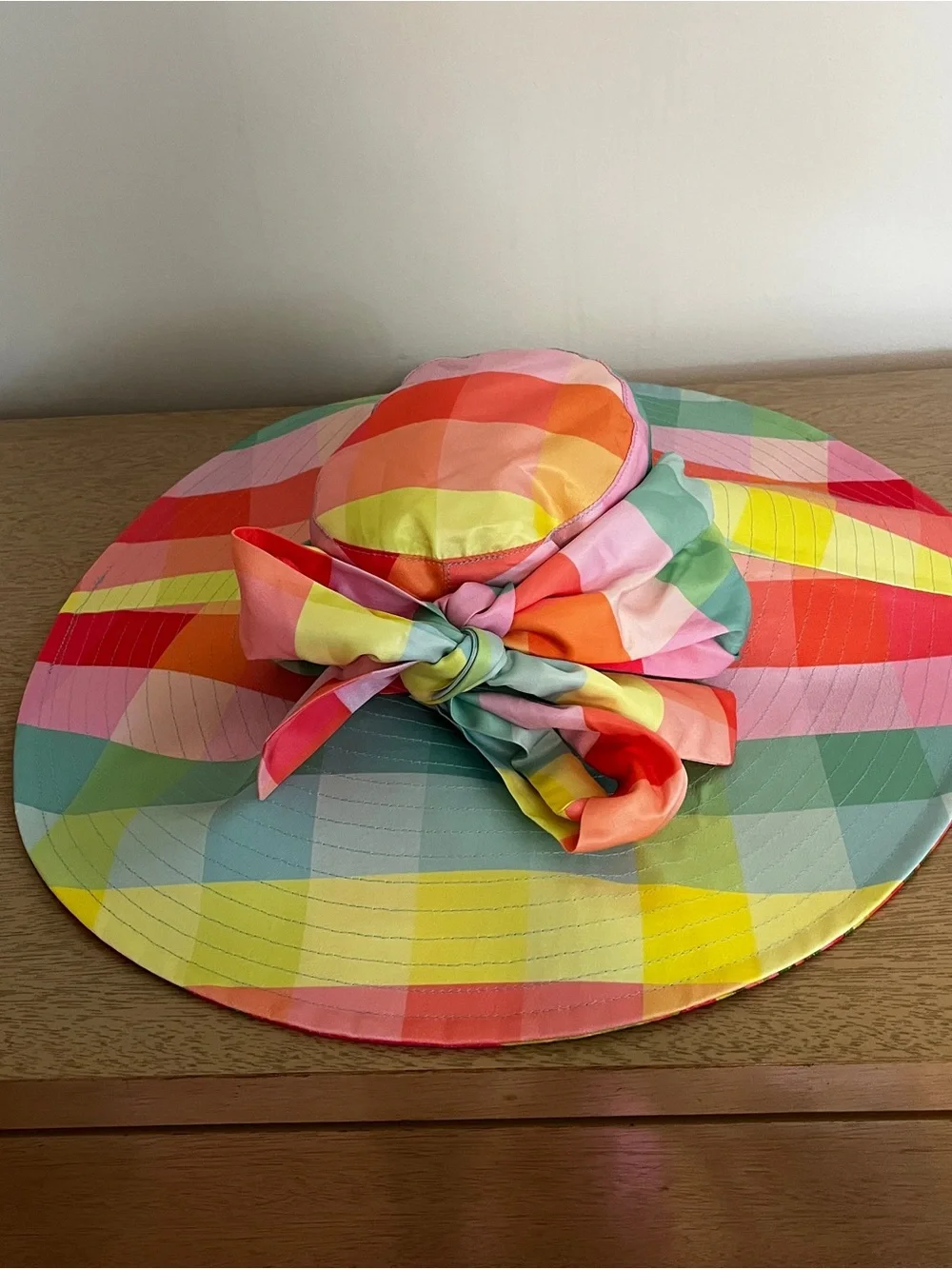 Farm Rio Tropical Garden Sun Hat OS Multi Lime Painted Birds Striped Wide Brim